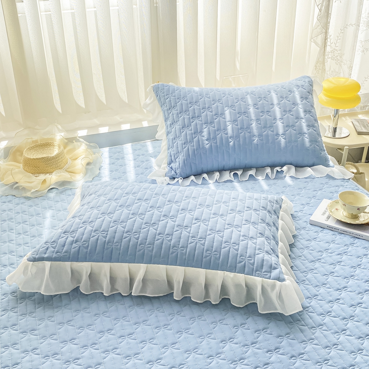 91家纺网 家纺一手货源 找家纺 眠势力 2025新款韩版花边夹棉床笠单件公主风四季款床垫保护套床罩 纯色系-湖蓝