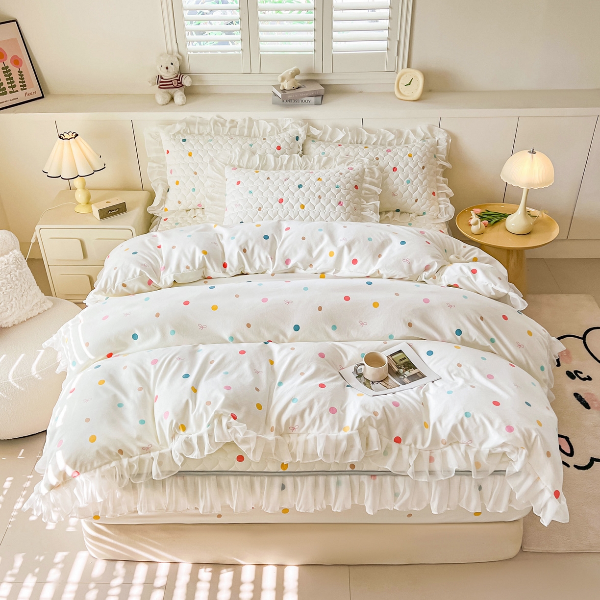 91家纺网 家纺一手货源 找家纺 眠势力 2025新款韩版花边夹棉床笠单件公主风四季款床垫保护套床罩 彩色波点