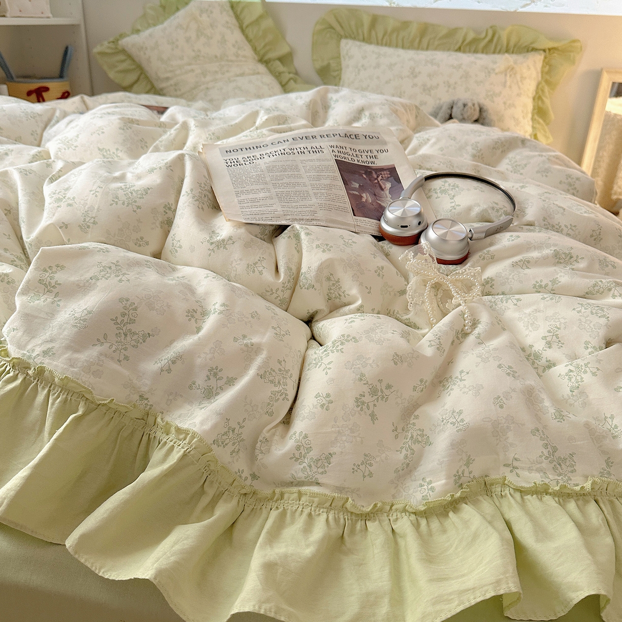 91家纺网 家纺一手货源 找家纺 瑞莱 2025新款纯棉全棉印花13372 甜美风四件套 花边春风里