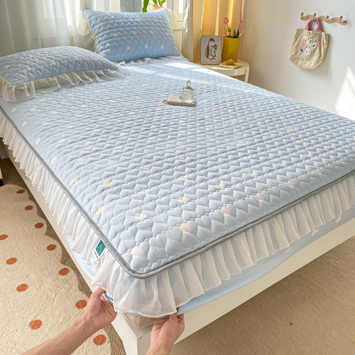 91家纺网 家纺一手货源 找家纺 眠势力 2025新款韩版花边夹棉床笠单件公主风四季款床垫保护套床罩 波点蓝