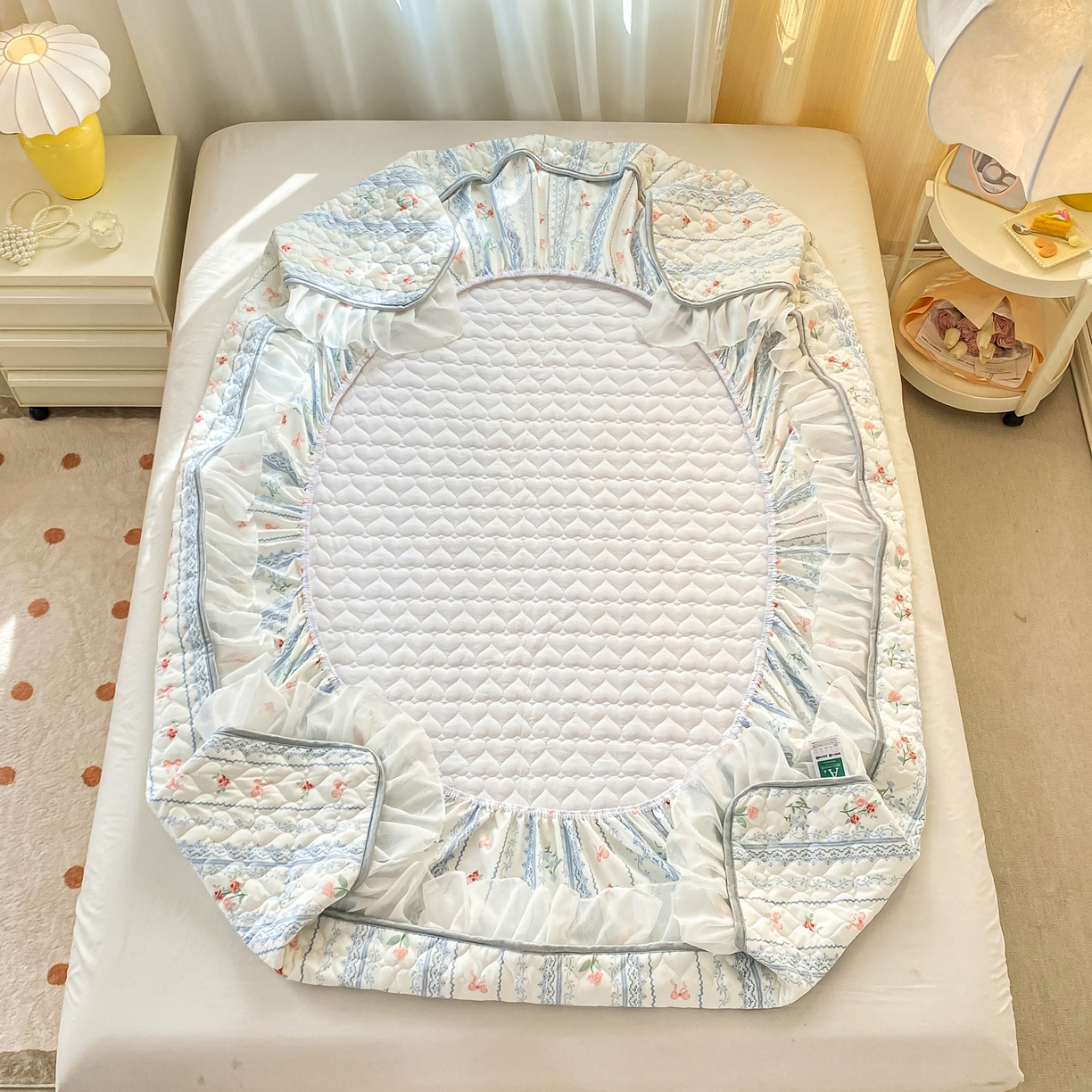 91家纺网 家纺一手货源 找家纺 眠势力 2025新款韩版花边夹棉床笠单件公主风四季款床垫保护套床罩 蓝莓芝士