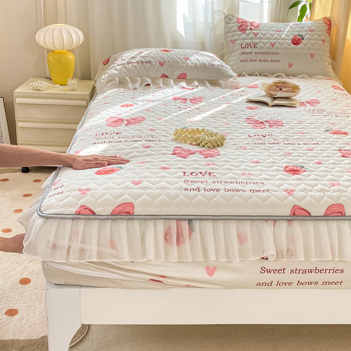 91家纺网 家纺一手货源 找家纺 眠势力 2025新款韩版花边夹棉床笠单件公主风四季款床垫保护套床罩 蝴蝶结