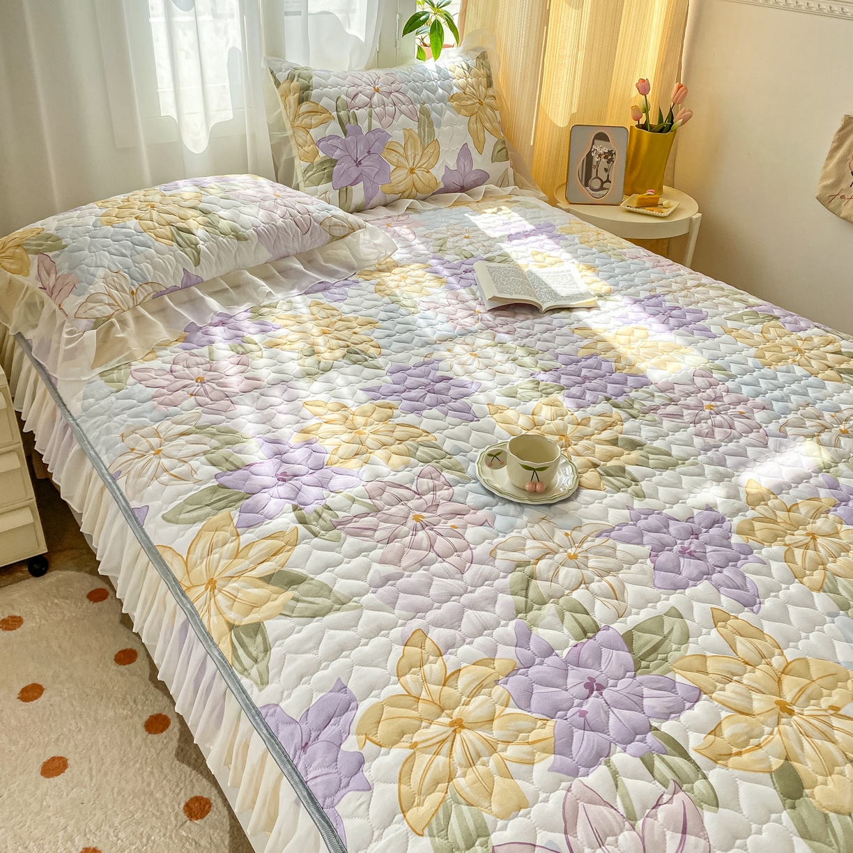 91家纺网 家纺一手货源 找家纺 眠势力 2025新款韩版花边夹棉床笠单件公主风四季款床垫保护套床罩 花相依