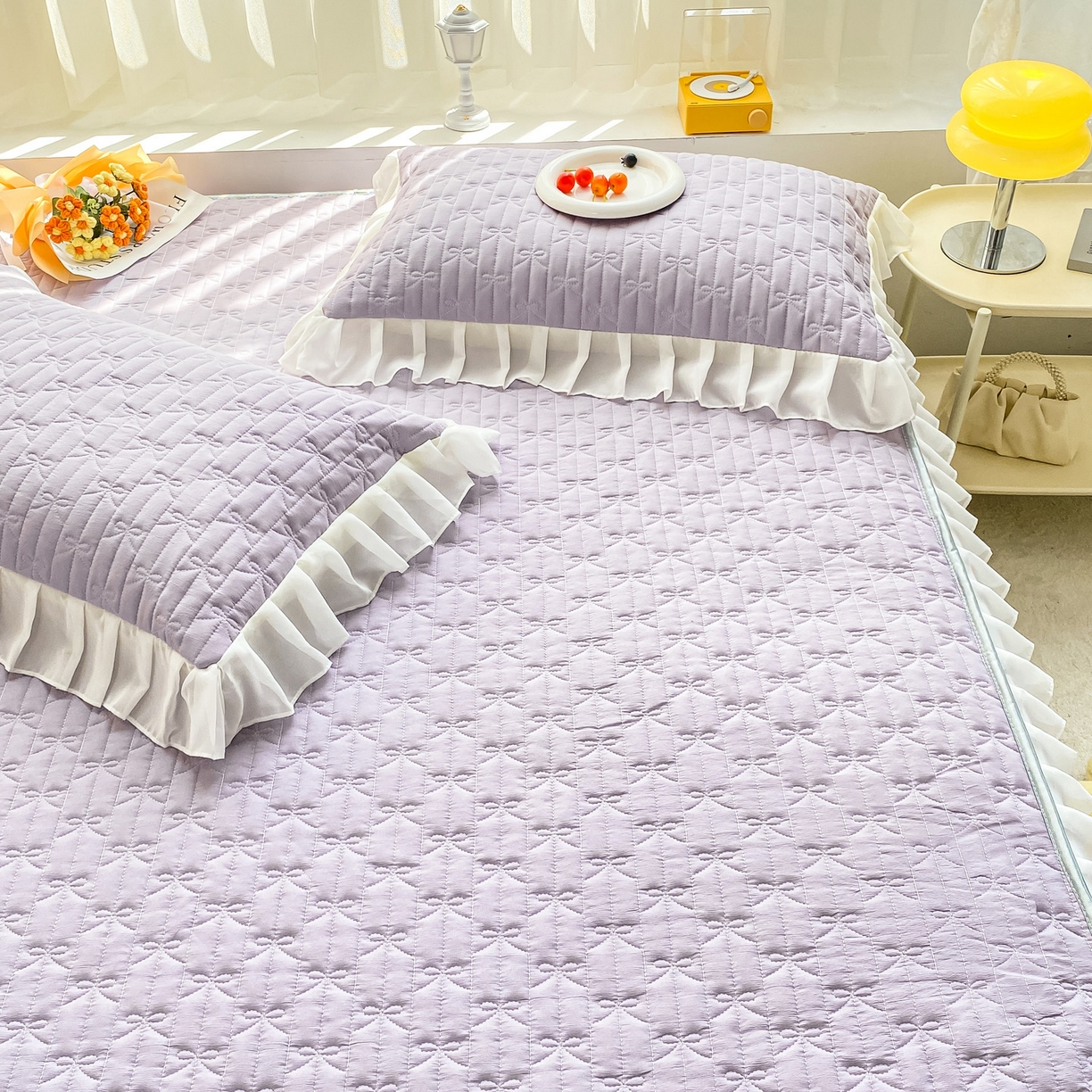 91家纺网 家纺一手货源 找家纺 眠势力 2025新款韩版花边夹棉床笠单件公主风四季款床垫保护套床罩 纯色系-优雅紫