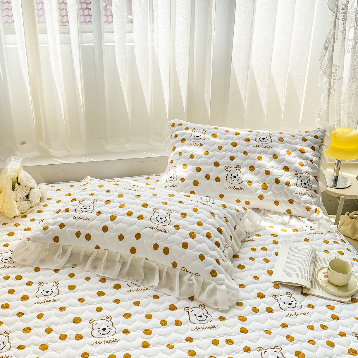 91家纺网 家纺一手货源 找家纺 眠势力 2025新款韩版花边夹棉床笠单件公主风四季款床垫保护套床罩 笑脸熊桔