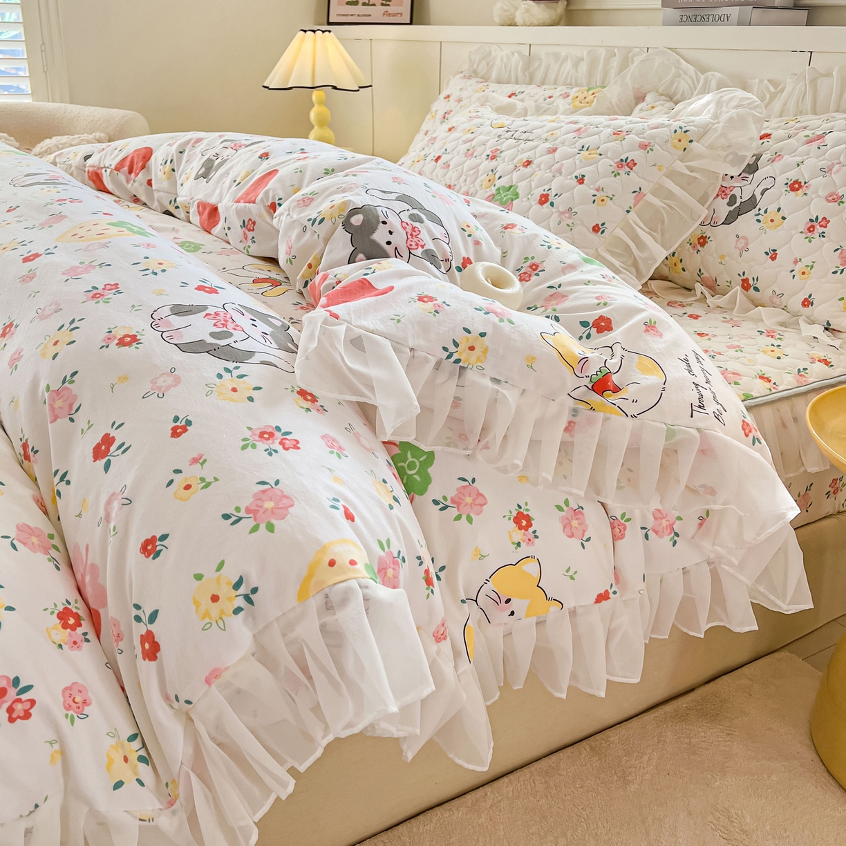 91家纺网 家纺一手货源 找家纺 眠势力 2025新款韩版花边夹棉床笠单件公主风四季款床垫保护套床罩 喵喵宝贝