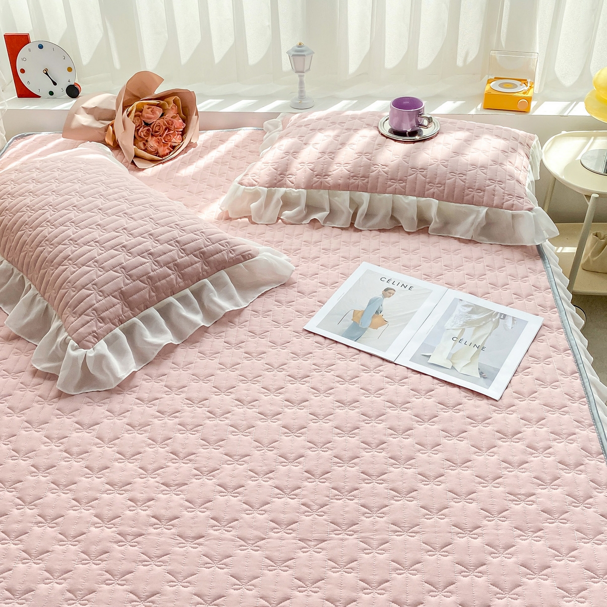 91家纺网 家纺一手货源 找家纺 眠势力 2025新款韩版花边夹棉床笠单件公主风四季款床垫保护套床罩 纯色系-蜜桃粉