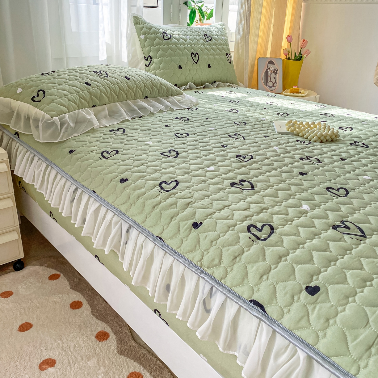 91家纺网 家纺一手货源 找家纺 眠势力 2025新款韩版花边夹棉床笠单件公主风四季款床垫保护套床罩 心心相印