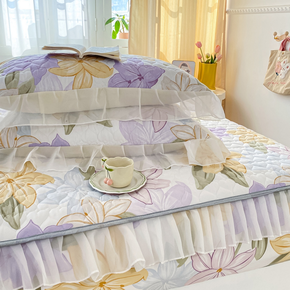 91家纺网 家纺一手货源 找家纺 眠势力 2025新款韩版花边夹棉床笠单件公主风四季款床垫保护套床罩 花相依