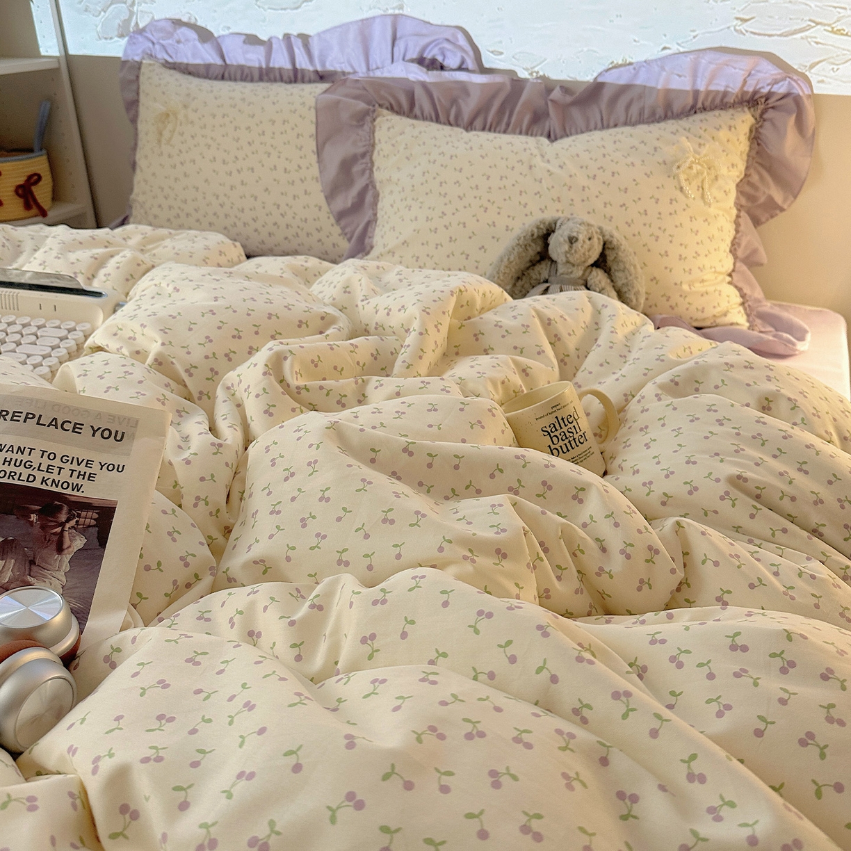 91家纺网 家纺一手货源 找家纺 瑞莱 2025新款纯棉全棉印花13372 甜美风四件套 花边紫樱桃