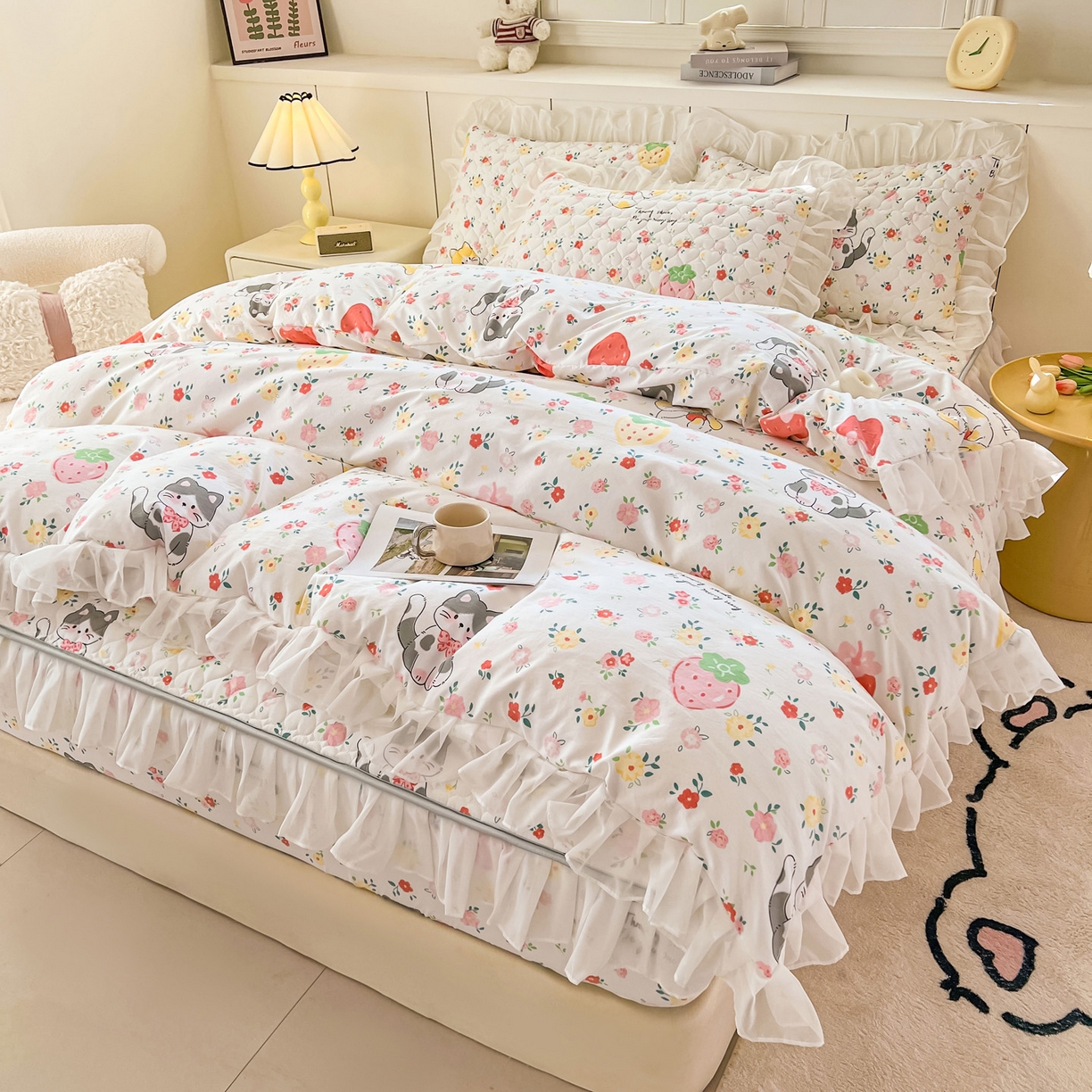 91家纺网 家纺一手货源 找家纺 眠势力 2025新款韩版花边夹棉床笠单件公主风四季款床垫保护套床罩 喵喵宝贝