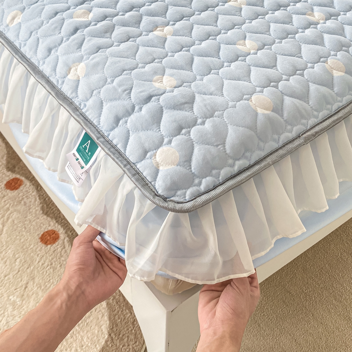 91家纺网 家纺一手货源 找家纺 眠势力 2025新款韩版花边夹棉床笠单件公主风四季款床垫保护套床罩 波点蓝