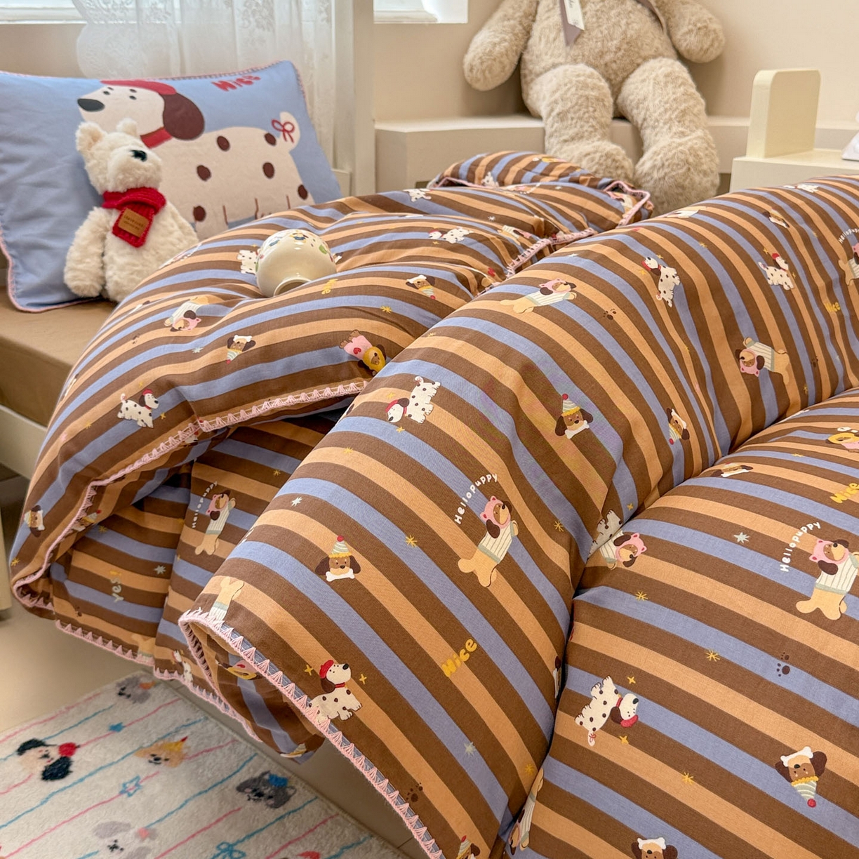 91家纺网 家纺一手货源 找家纺 沐辰 2025新款全棉双层纱A类贝壳边学生床三件套 斑点狗