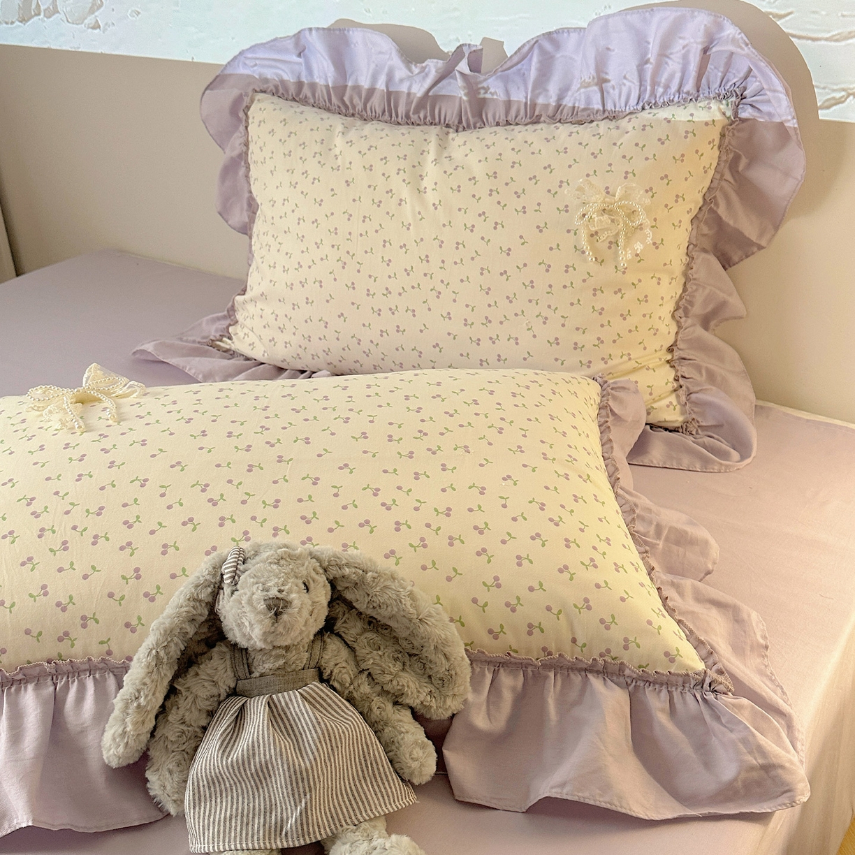 91家纺网 家纺一手货源 找家纺 瑞莱 2025新款纯棉全棉印花13372 甜美风四件套 花边紫樱桃