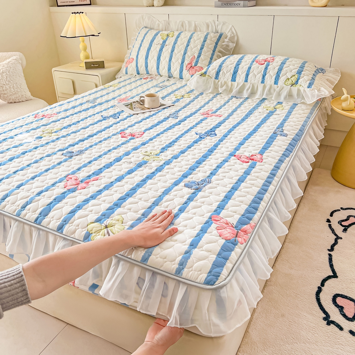 91家纺网 家纺一手货源 找家纺 眠势力 2025新款韩版花边夹棉床笠单件公主风四季款床垫保护套床罩 花蝴蝶