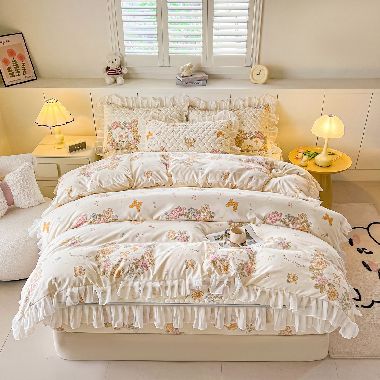 91家纺网 家纺一手货源 找家纺 眠势力 2025新款韩版花边夹棉床笠单件公主风四季款床垫保护套床罩 花语满园