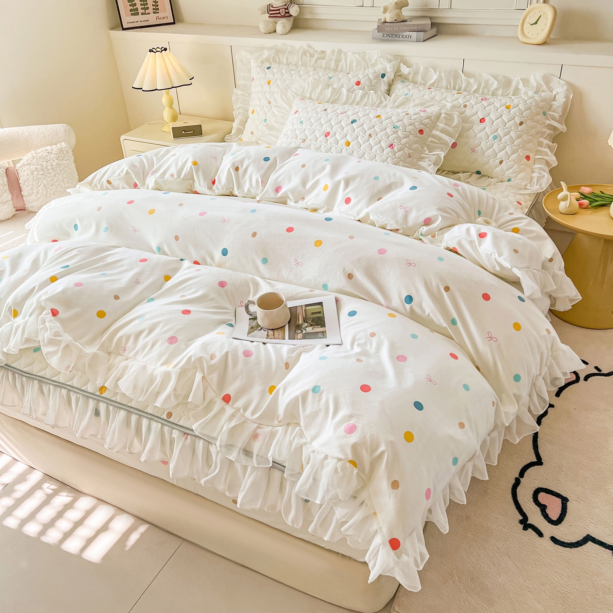 91家纺网 家纺一手货源 找家纺 眠势力 2025新款韩版花边夹棉床笠单件公主风四季款床垫保护套床罩 彩色波点