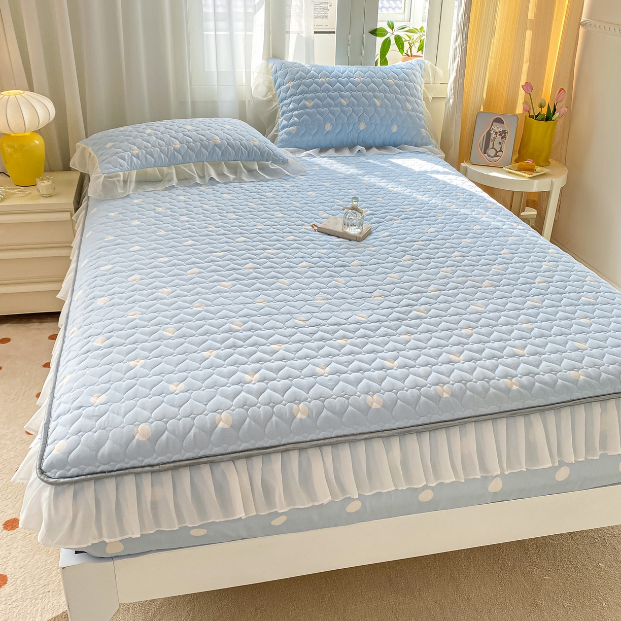 91家纺网 家纺一手货源 找家纺 眠势力 2025新款韩版花边夹棉床笠单件公主风四季款床垫保护套床罩 波点蓝