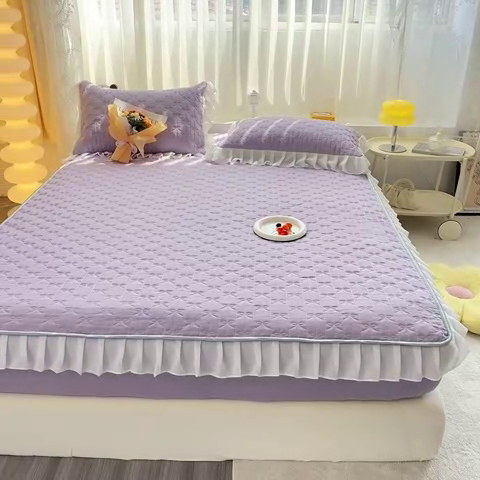 91家纺网 家纺一手货源 找家纺 眠势力 2025新款韩版花边夹棉床笠单件公主风四季款床垫保护套床罩 纯色系-优雅紫