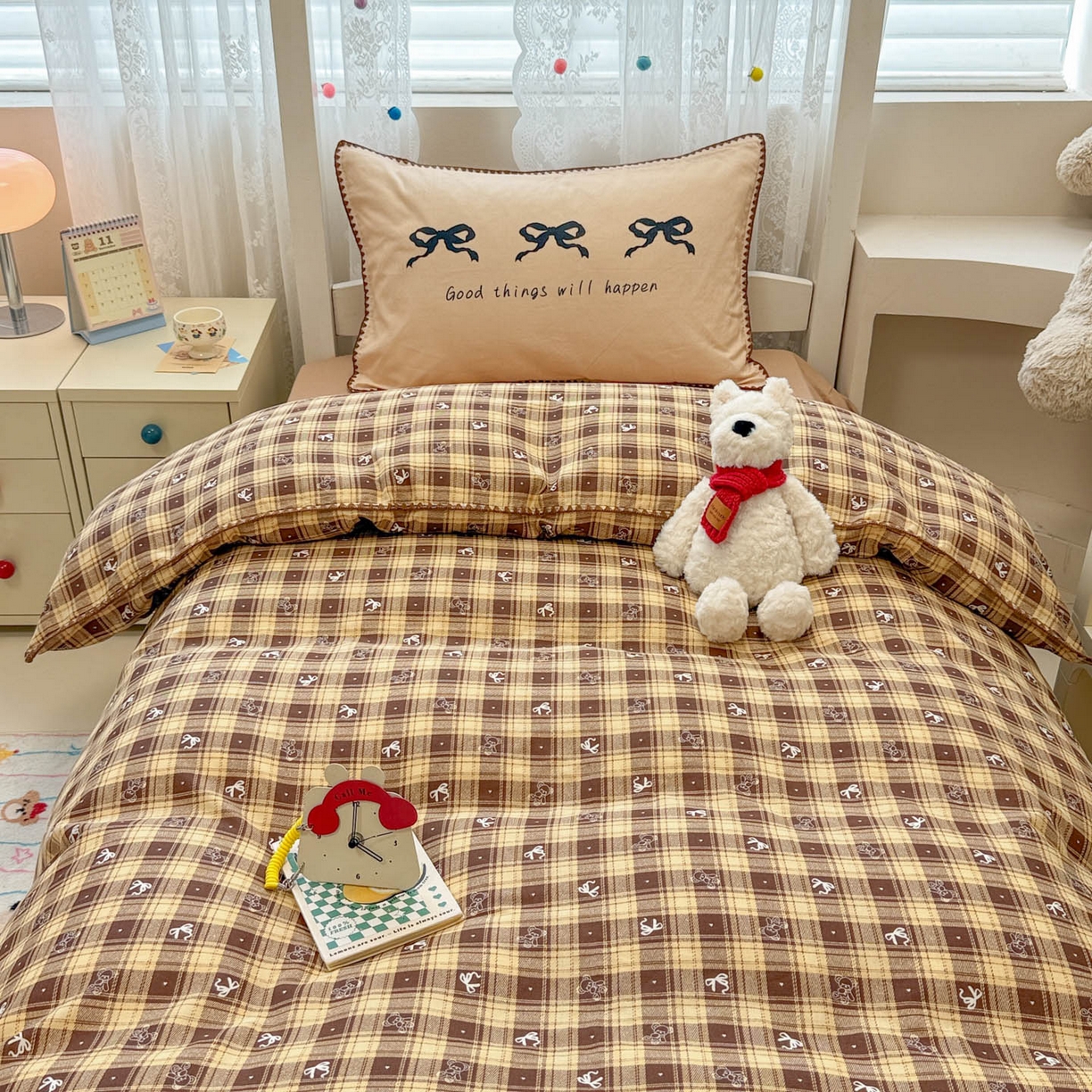 91家纺网 家纺一手货源 找家纺 沐辰 2025新款全棉双层纱A类贝壳边学生床三件套 好运蝴蝶结