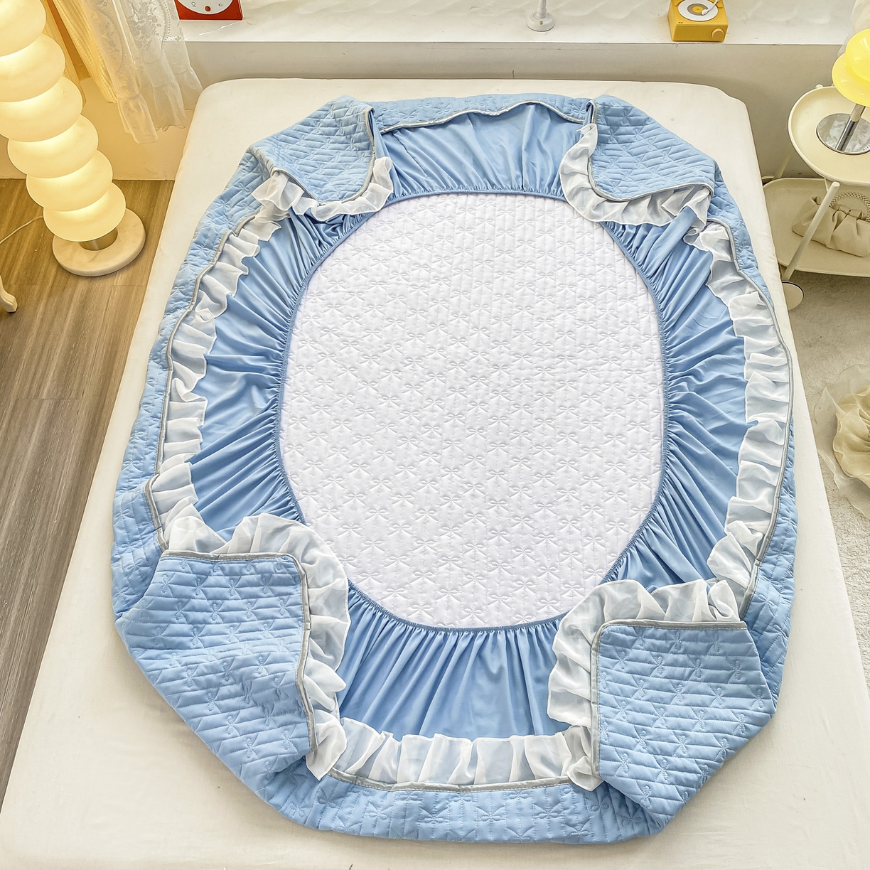 91家纺网 家纺一手货源 找家纺 眠势力 2025新款韩版花边夹棉床笠单件公主风四季款床垫保护套床罩 纯色系-湖蓝