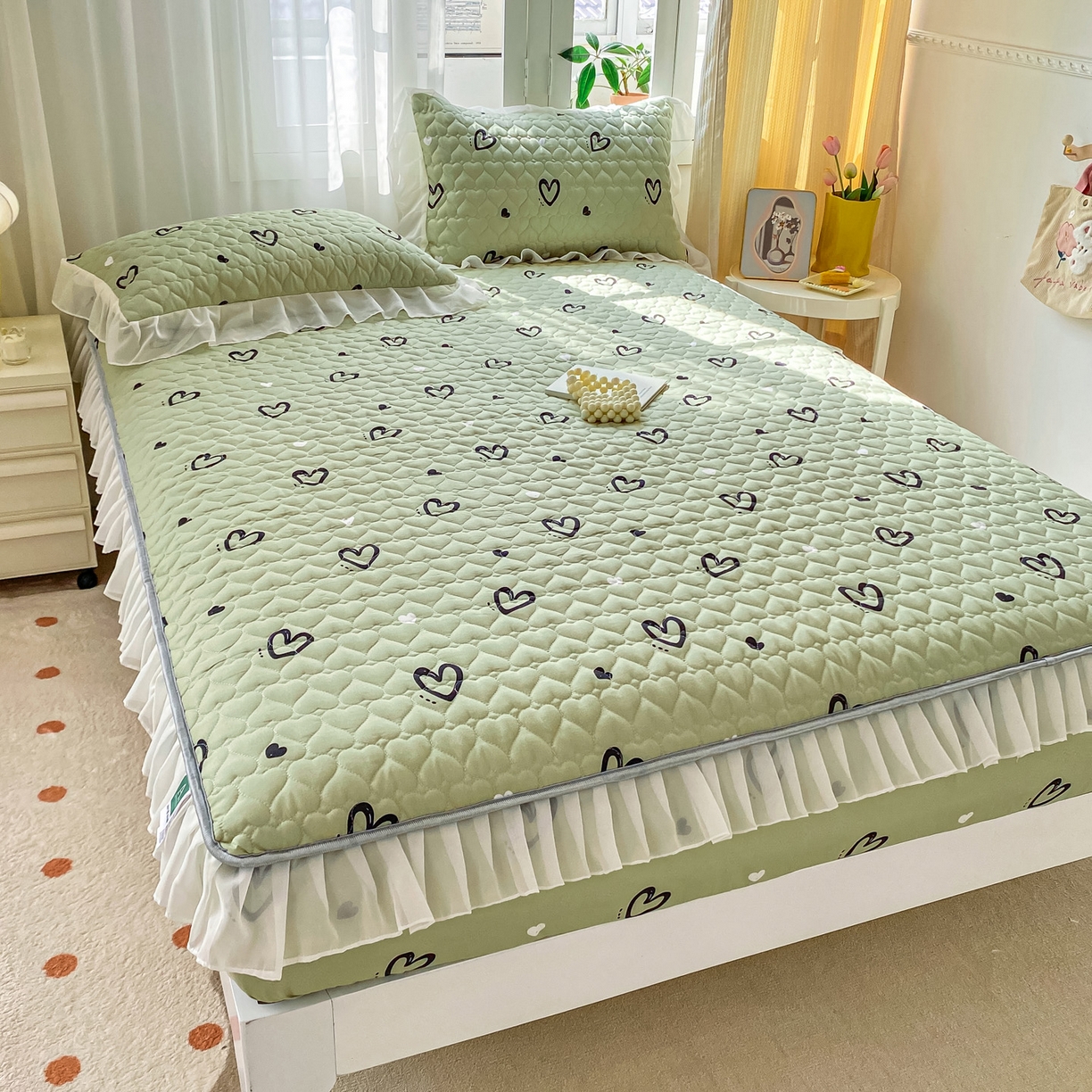 91家纺网 家纺一手货源 找家纺 眠势力 2025新款韩版花边夹棉床笠单件公主风四季款床垫保护套床罩 心心相印