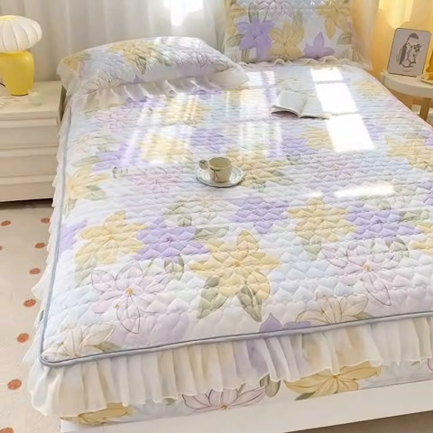 91家纺网 家纺一手货源 找家纺 眠势力 2025新款韩版花边夹棉床笠单件公主风四季款床垫保护套床罩 花相依