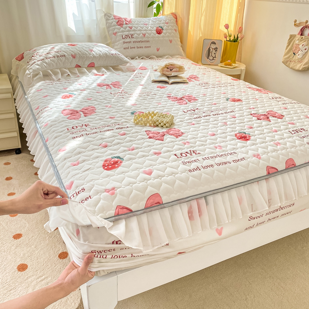 91家纺网 家纺一手货源 找家纺 眠势力 2025新款韩版花边夹棉床笠单件公主风四季款床垫保护套床罩 蝴蝶结