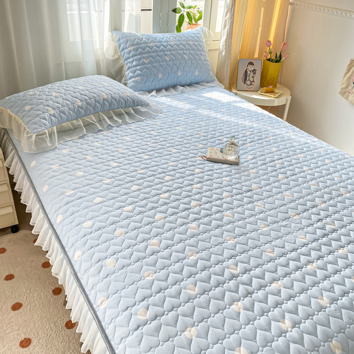 91家纺网 家纺一手货源 找家纺 眠势力 2025新款韩版花边夹棉床笠单件公主风四季款床垫保护套床罩 波点蓝