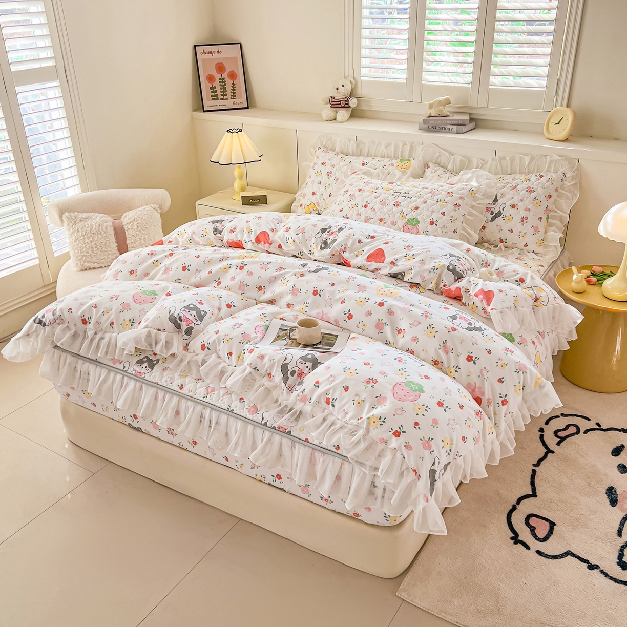 91家纺网 家纺一手货源 找家纺 眠势力 2025新款韩版花边夹棉床笠单件公主风四季款床垫保护套床罩 喵喵宝贝