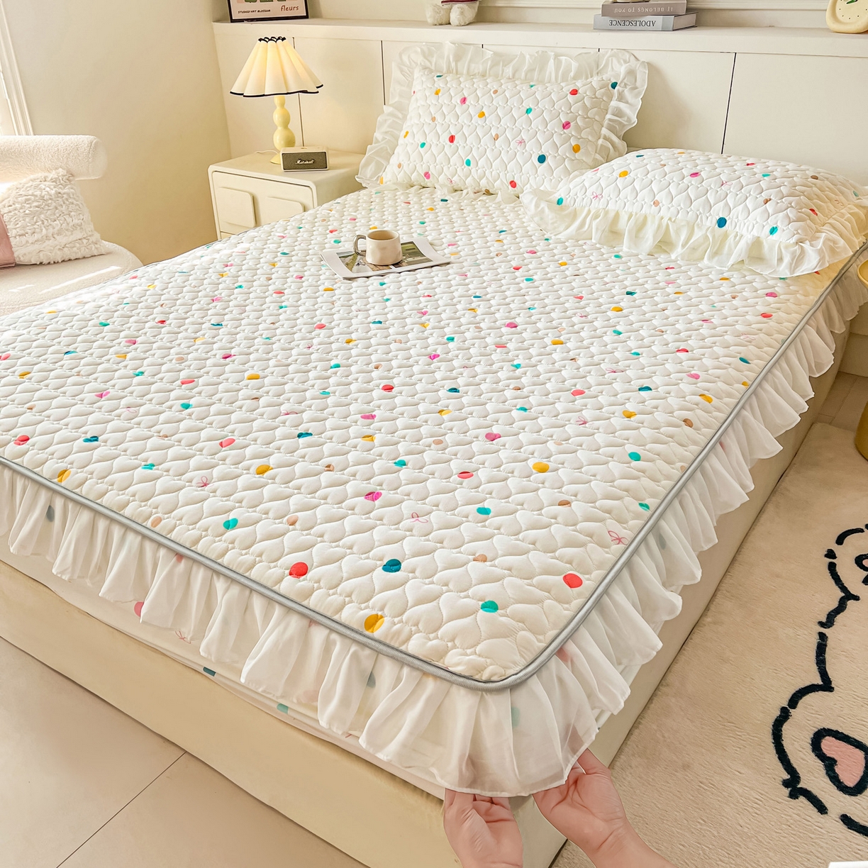 91家纺网 家纺一手货源 找家纺 眠势力 2025新款韩版花边夹棉床笠单件公主风四季款床垫保护套床罩 彩色波点