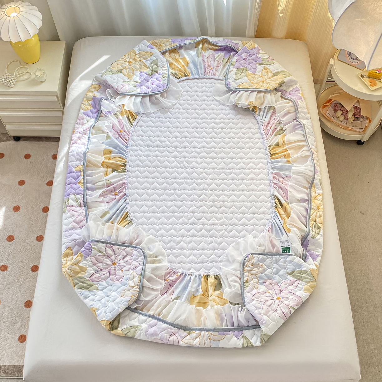 91家纺网 家纺一手货源 找家纺 眠势力 2025新款韩版花边夹棉床笠单件公主风四季款床垫保护套床罩 花相依