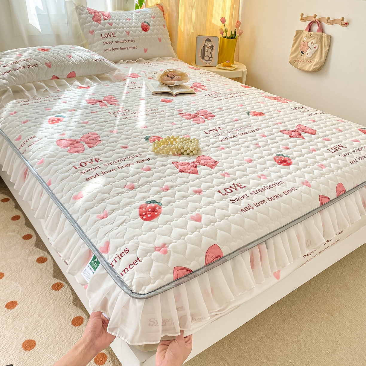 91家纺网 家纺一手货源 找家纺 眠势力 2025新款韩版花边夹棉床笠单件公主风四季款床垫保护套床罩 蝴蝶结