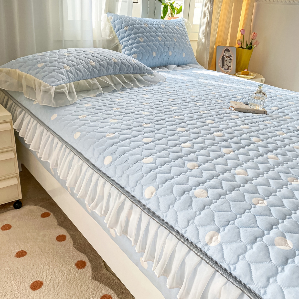 91家纺网 家纺一手货源 找家纺 眠势力 2025新款韩版花边夹棉床笠单件公主风四季款床垫保护套床罩 波点蓝