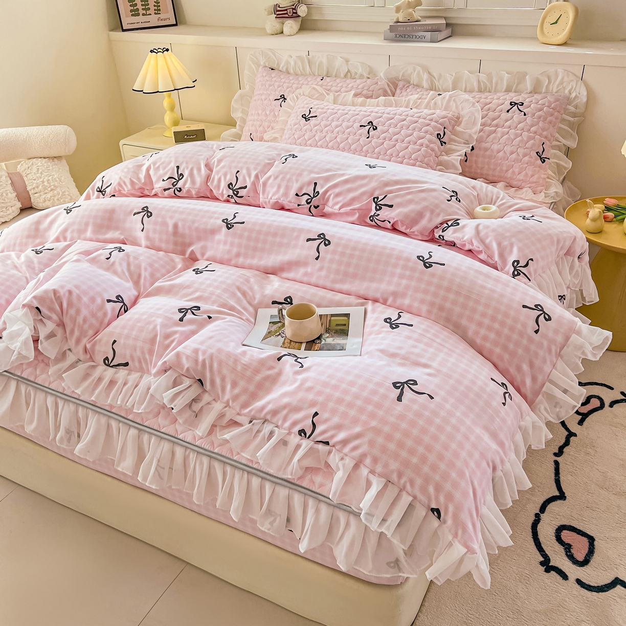 91家纺网 家纺一手货源 找家纺 眠势力 2025新款韩版花边夹棉床笠单件公主风四季款床垫保护套床罩 粉格蝴蝶结