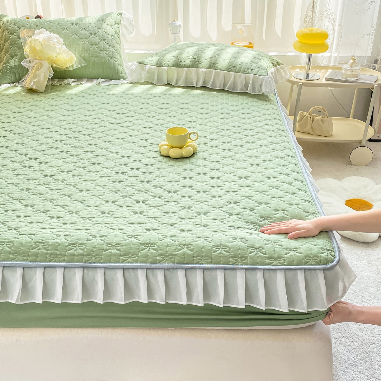 91家纺网 家纺一手货源 找家纺 眠势力 2025新款韩版花边夹棉床笠单件公主风四季款床垫保护套床罩 纯色系-果绿