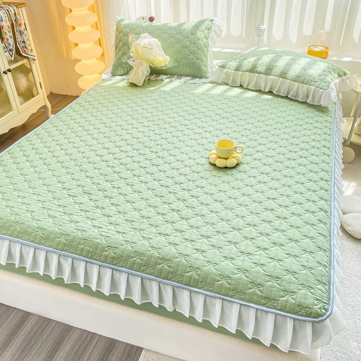 91家纺网 家纺一手货源 找家纺 眠势力 2025新款韩版花边夹棉床笠单件公主风四季款床垫保护套床罩 纯色系-果绿