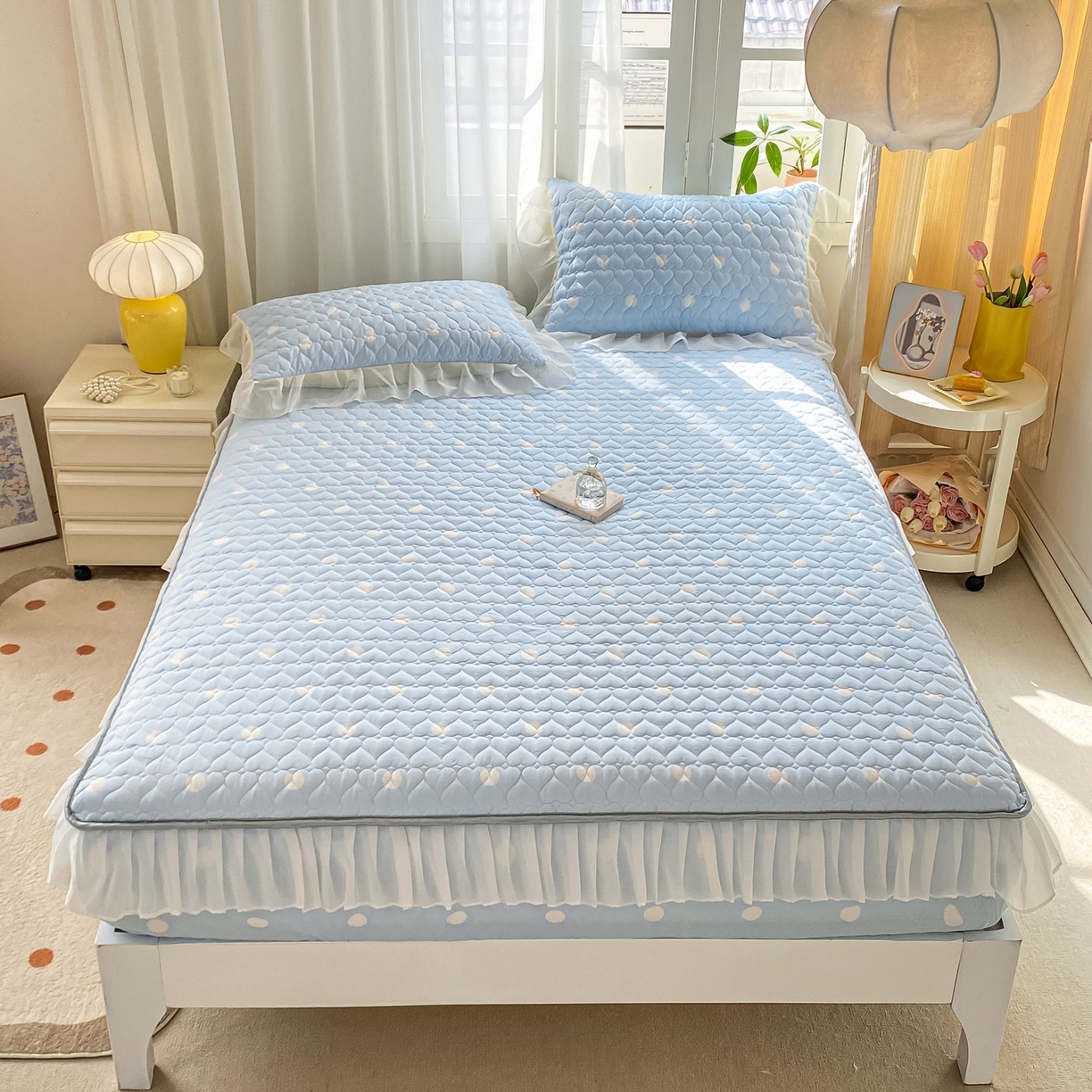 91家纺网 家纺一手货源 找家纺 眠势力 2025新款韩版花边夹棉床笠单件公主风四季款床垫保护套床罩 波点蓝