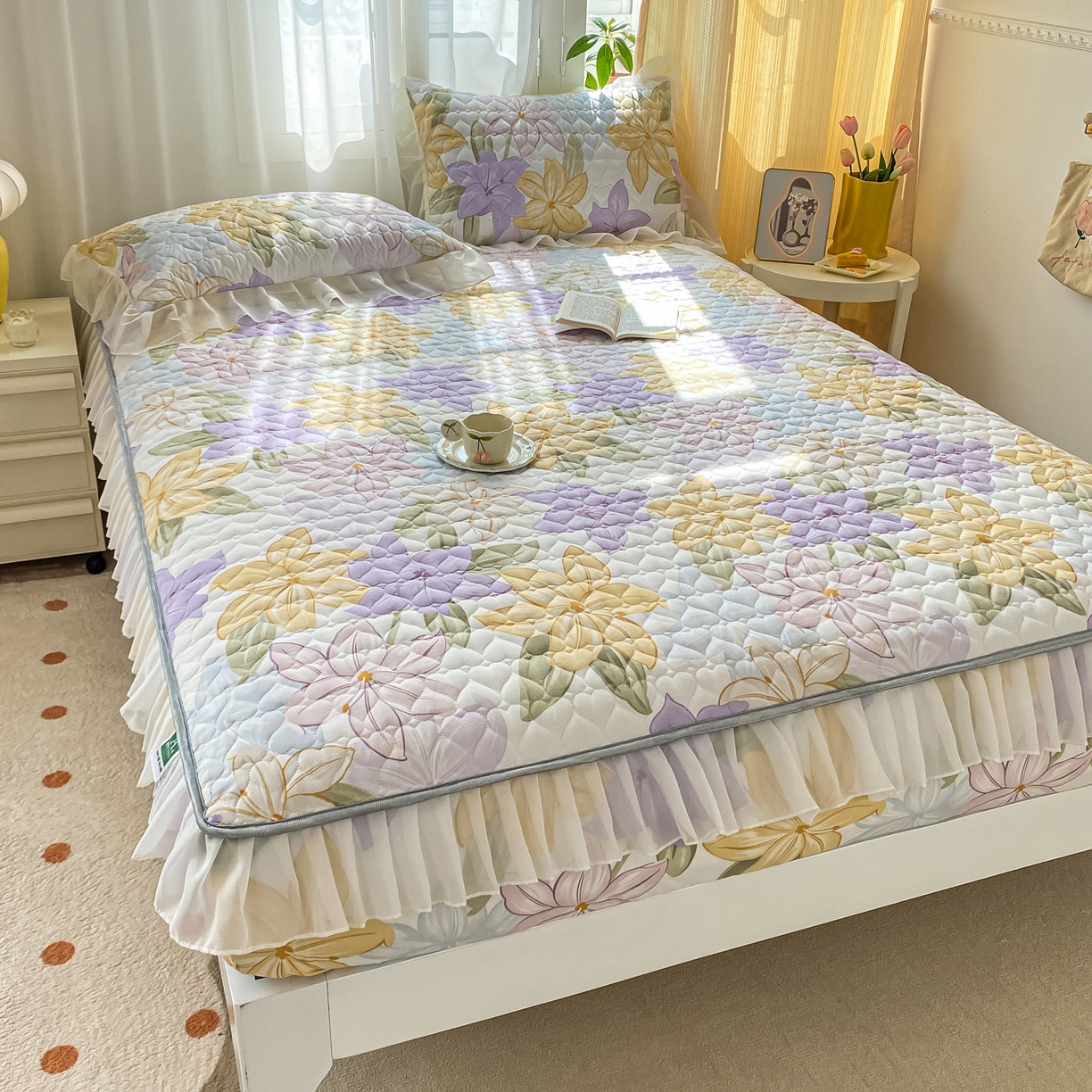 91家纺网 家纺一手货源 找家纺 眠势力 2025新款韩版花边夹棉床笠单件公主风四季款床垫保护套床罩 花相依