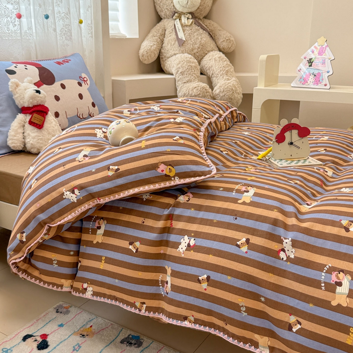 91家纺网 家纺一手货源 找家纺 沐辰 2025新款全棉双层纱A类贝壳边学生床三件套 斑点狗