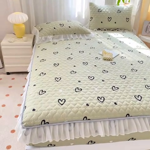 91家纺网 家纺一手货源 找家纺 眠势力 2025新款韩版花边夹棉床笠单件公主风四季款床垫保护套床罩 心心相印