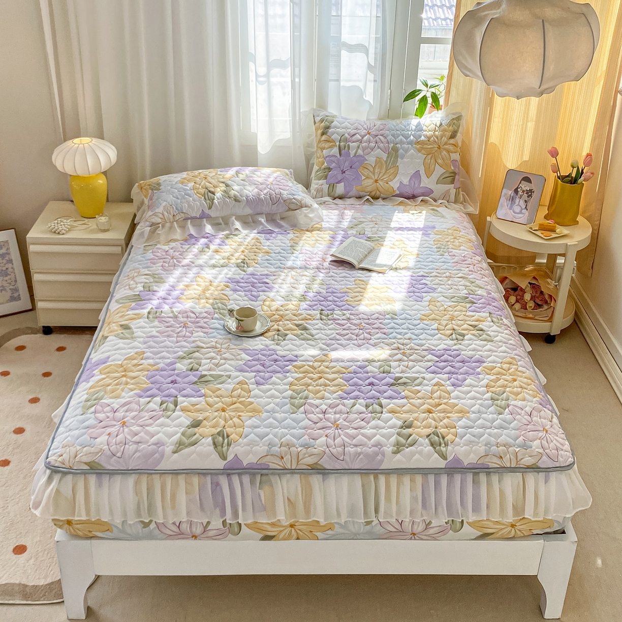 91家纺网 家纺一手货源 找家纺 眠势力 2025新款韩版花边夹棉床笠单件公主风四季款床垫保护套床罩 花相依