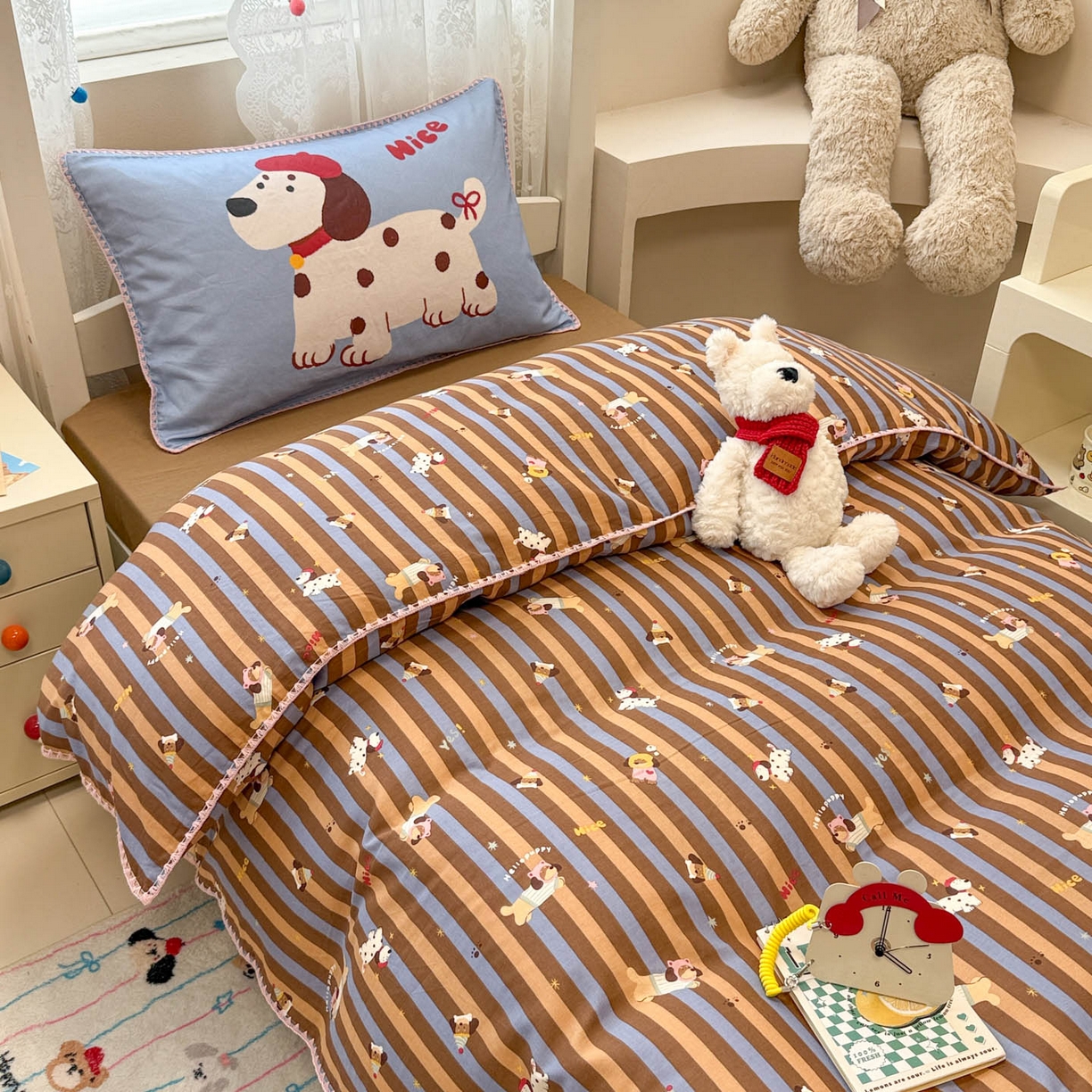 91家纺网 家纺一手货源 找家纺 沐辰 2025新款全棉双层纱A类贝壳边学生床三件套 斑点狗