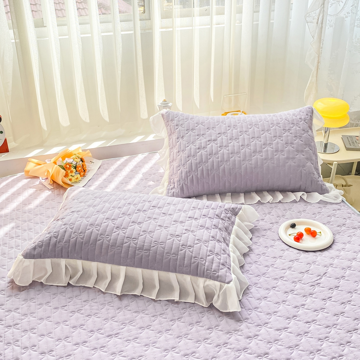 91家纺网 家纺一手货源 找家纺 眠势力 2025新款韩版花边夹棉床笠单件公主风四季款床垫保护套床罩 纯色系-优雅紫