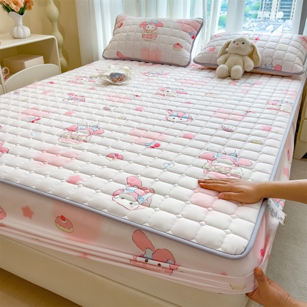 雯豆家纺 2025四季款新品夹棉床笠三件套水洗棉磨毛小清新印花床垫保护套 可爱兔