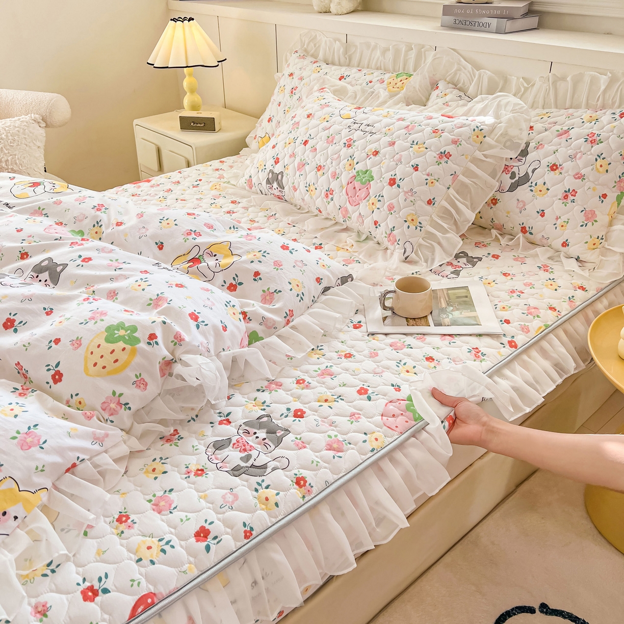 91家纺网 家纺一手货源 找家纺 眠势力 2025新款韩版花边夹棉床笠单件公主风四季款床垫保护套床罩 喵喵宝贝