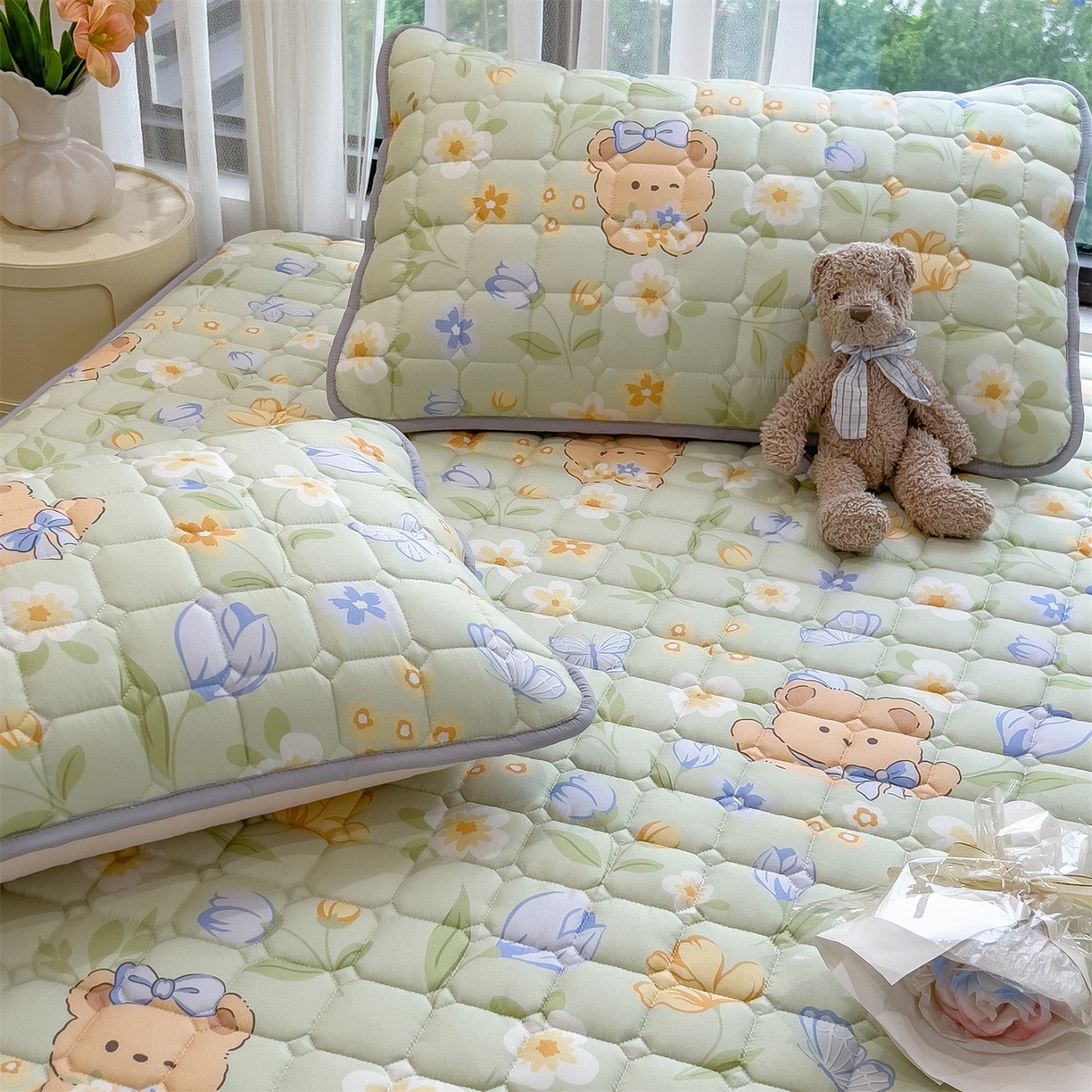 91家纺网 家纺一手货源 找家纺 （总）雯豆家纺 2025四季款新品夹棉床笠三件套水洗棉磨毛小清新印花床垫保护套