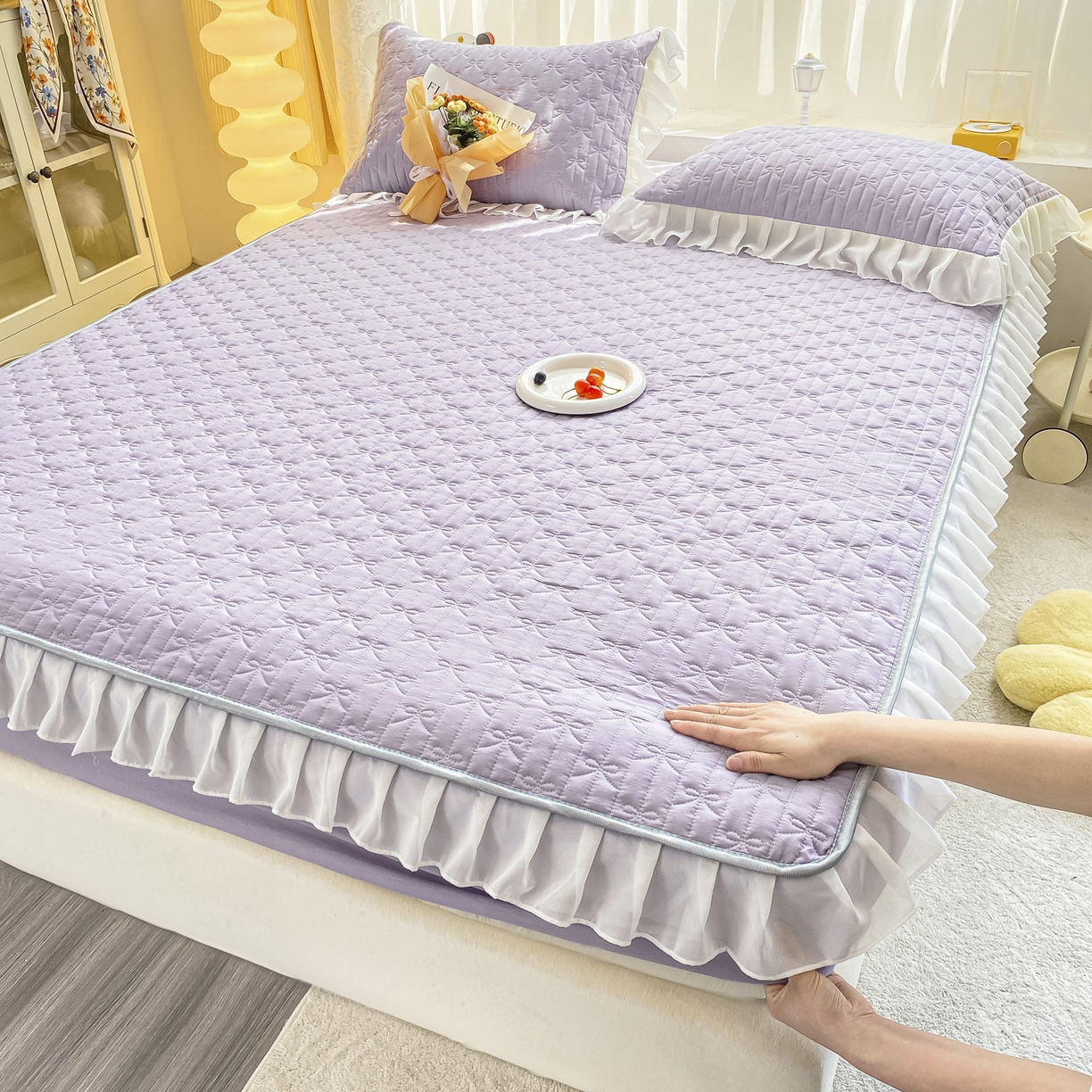 91家纺网 家纺一手货源 找家纺 眠势力 2025新款韩版花边夹棉床笠单件公主风四季款床垫保护套床罩 纯色系-优雅紫