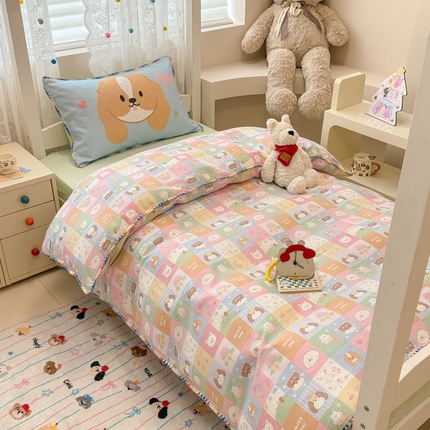 沐辰 2025新款全棉双层纱A类贝壳边学生床三件套 格子狗狗