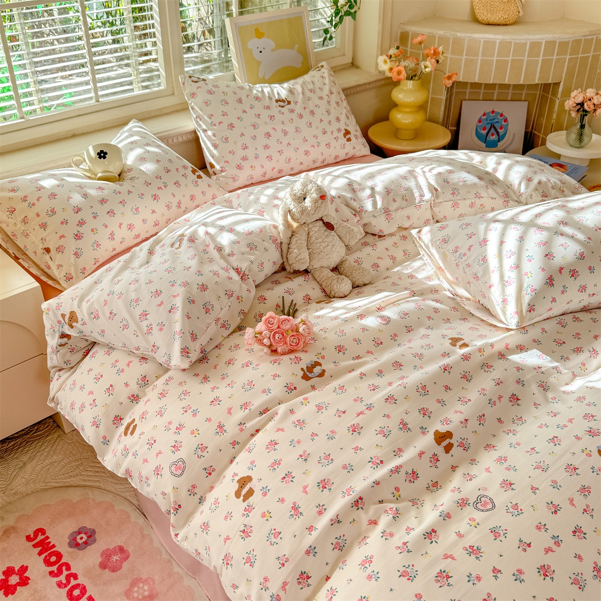 91家纺网 家纺一手货源 找家纺 多品家纺 2025新款超柔双层纱水洗棉单被套 浪漫花园